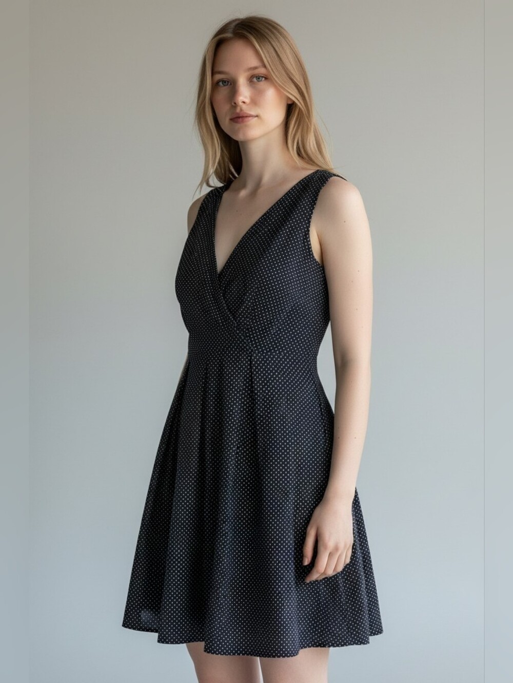 Corey P Cocktail Mini Dress Black White Polka Dots Side Pockets Zip Back M/L
